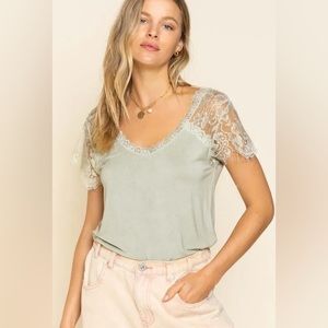 Lace sleeve slinky soft scoop neck loose fit top- light sage